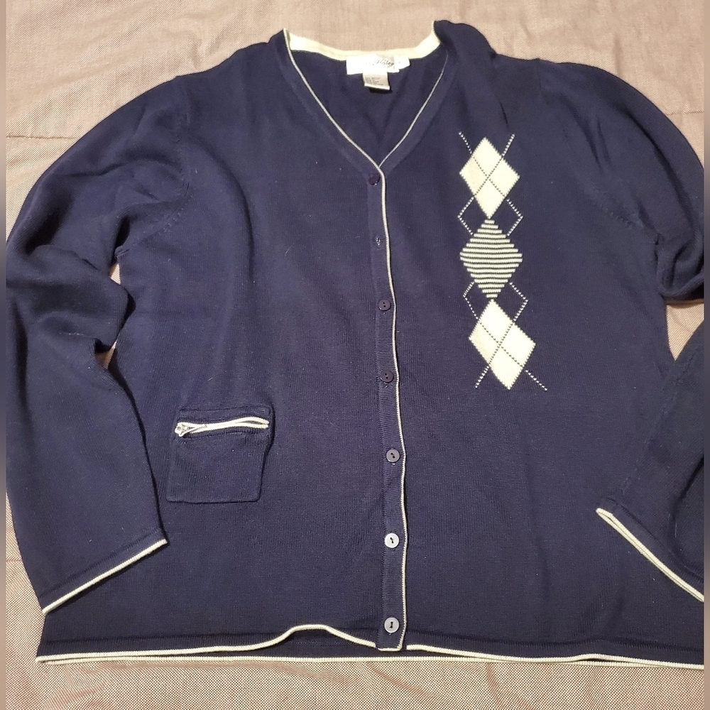 Womens Sport Haley Argyle Golf Cardigan Navy Blue Cream Sz L Dark Academia - Picture 2 of 10
